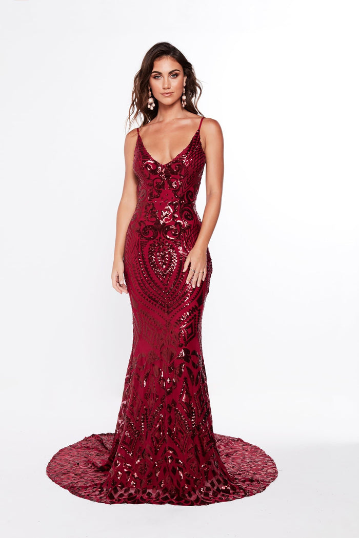 A&N Mariana - Burgundy Sequin Gown with Low Back