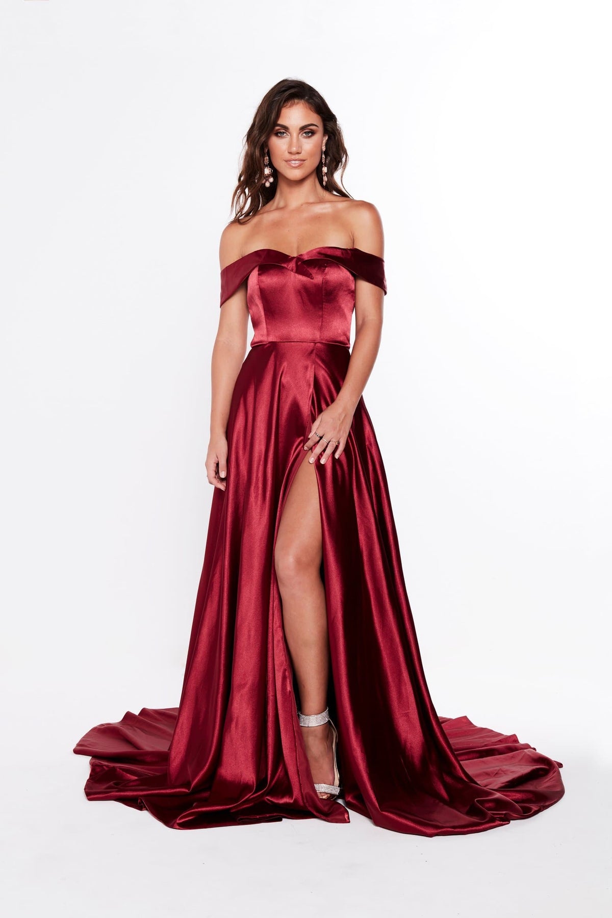 A&N Luciana - Burgundy Satin Gown with Off-Shoulder Straps and Slit
