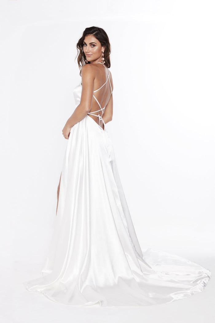 A&N Boutique Custom Romina Satin Gown - White Romina - White Satin Gown with High neckline and Side Slit