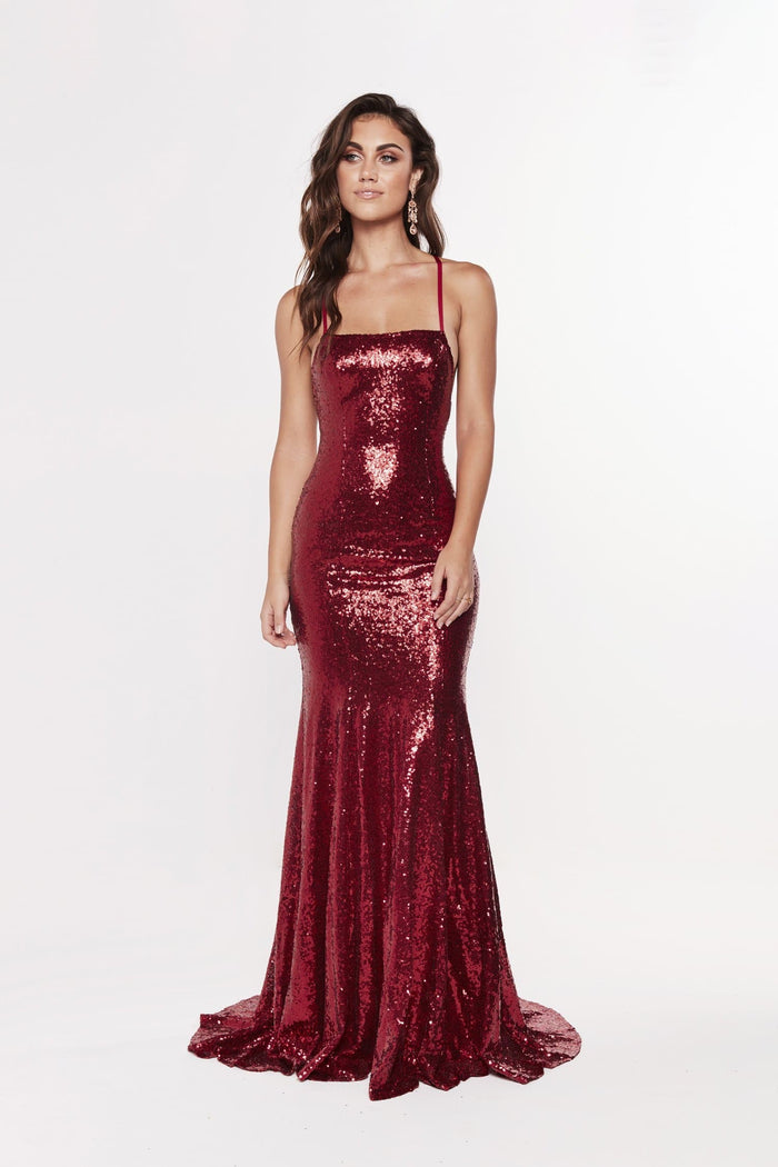 A&N Boutique Custom Esmee Sequin Gown - Deep Red Esmee - Deep Red Sequin Gown with Lace Up Back 