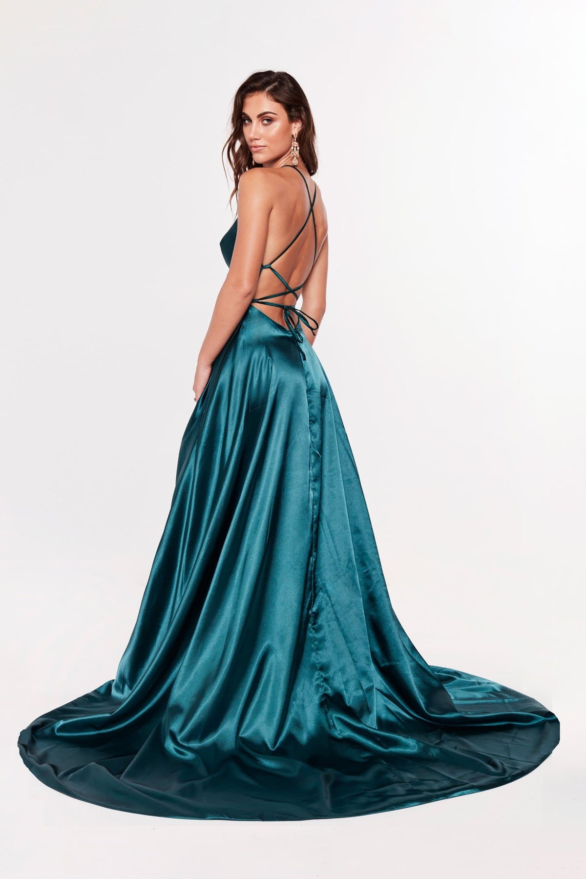 Dimah - Satin Formal Gown with Plunge Neck and Side Slit S Dimah - Satin Formal Gown with Plunge Neck and Side Slit S