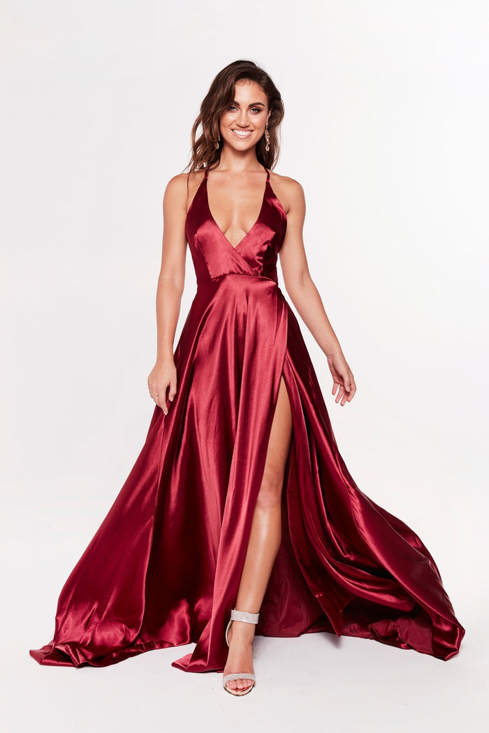 A&N Boutique Custom Dimah Satin Gown - Burgundy Dimah - Burgundy Satin Gown with Plunge Neckline and Front Slit