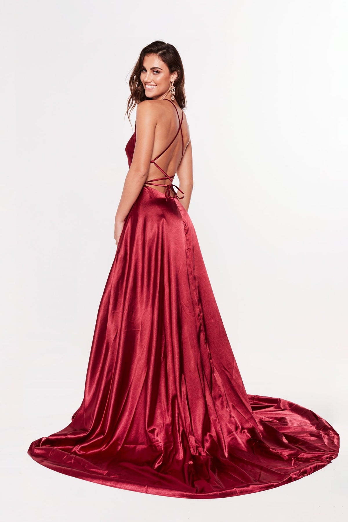 Dimah Burgundy Satin Gown With Plunge Neckline And Front Slit Aandn Luxe Label 4275