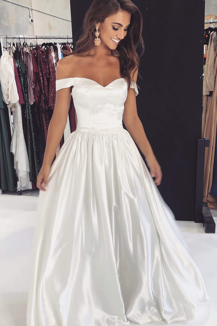 A&N Boutique Custom Oddette Satin Gown - White Oddette - White Off Shoulder Satin Gown with A Line Skirt