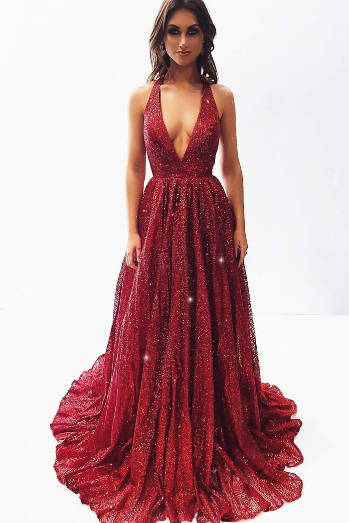 A&N Luxe Saina - Burgundy Glitter A-Line Gown with Low Back
