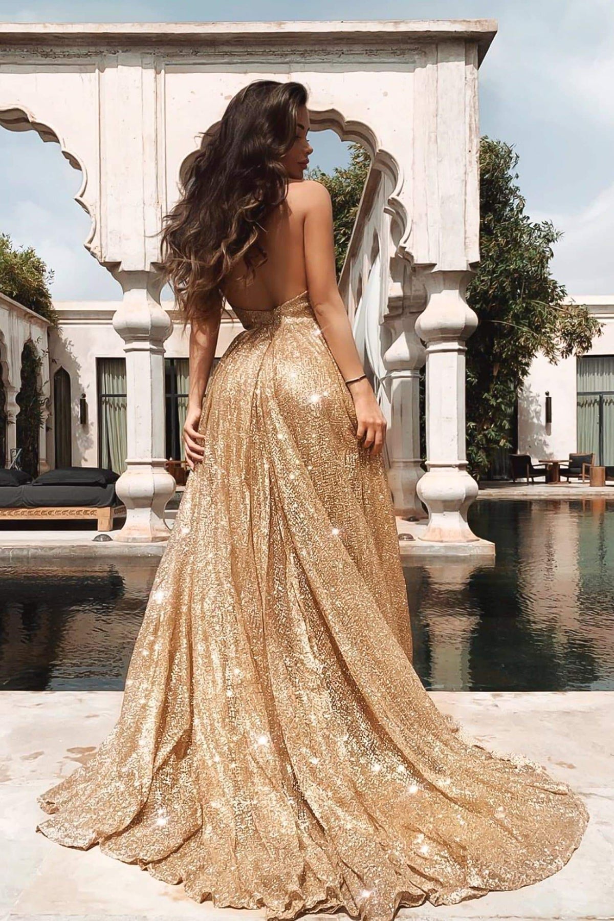Saina - Gold Glitter A-Line Gown with Plunge Neck & Low Back XS Saina - Gold Glitter A-Line Gown with Plunge Neck & Low Back XS