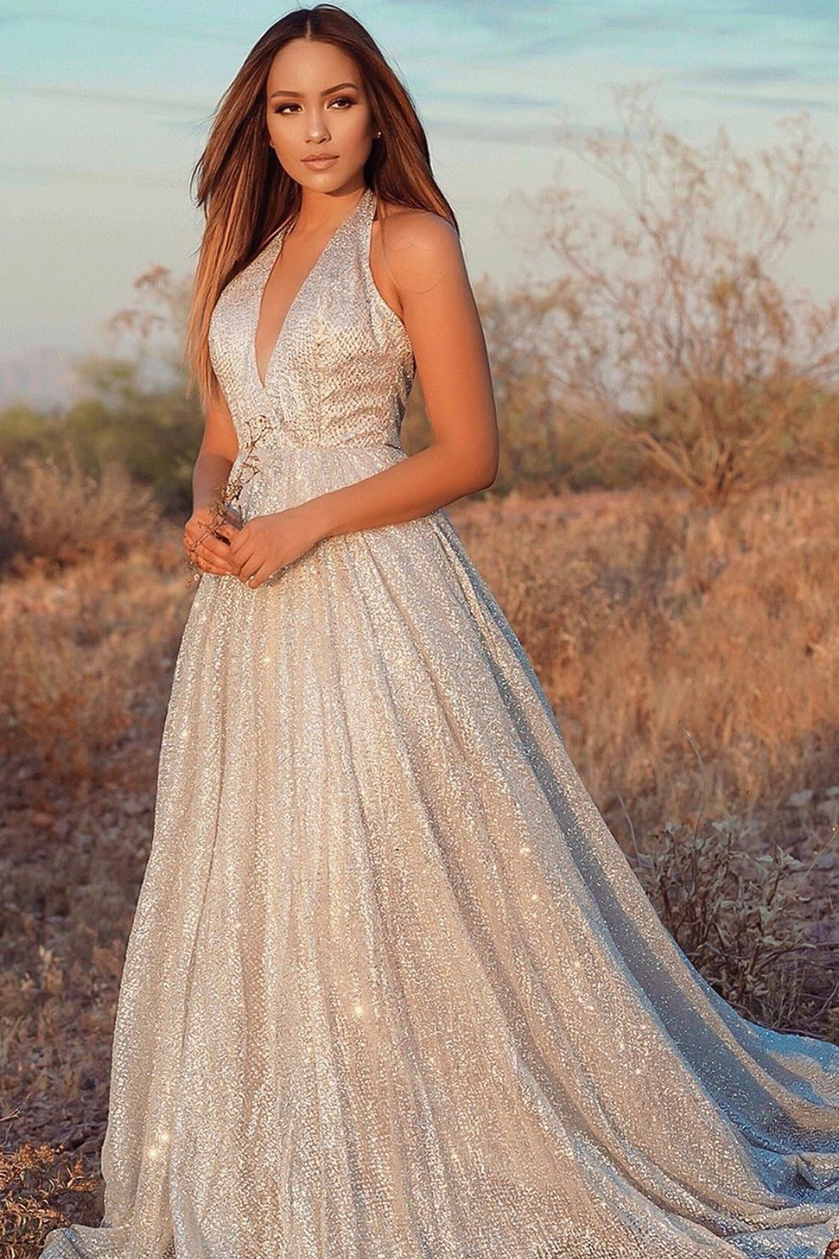 Saina - Silver Glitter A-Line Gown with Low Back A&N Luxe Label Saina - Silver Glitter A-Line Gown with Low Back A&N Luxe Label