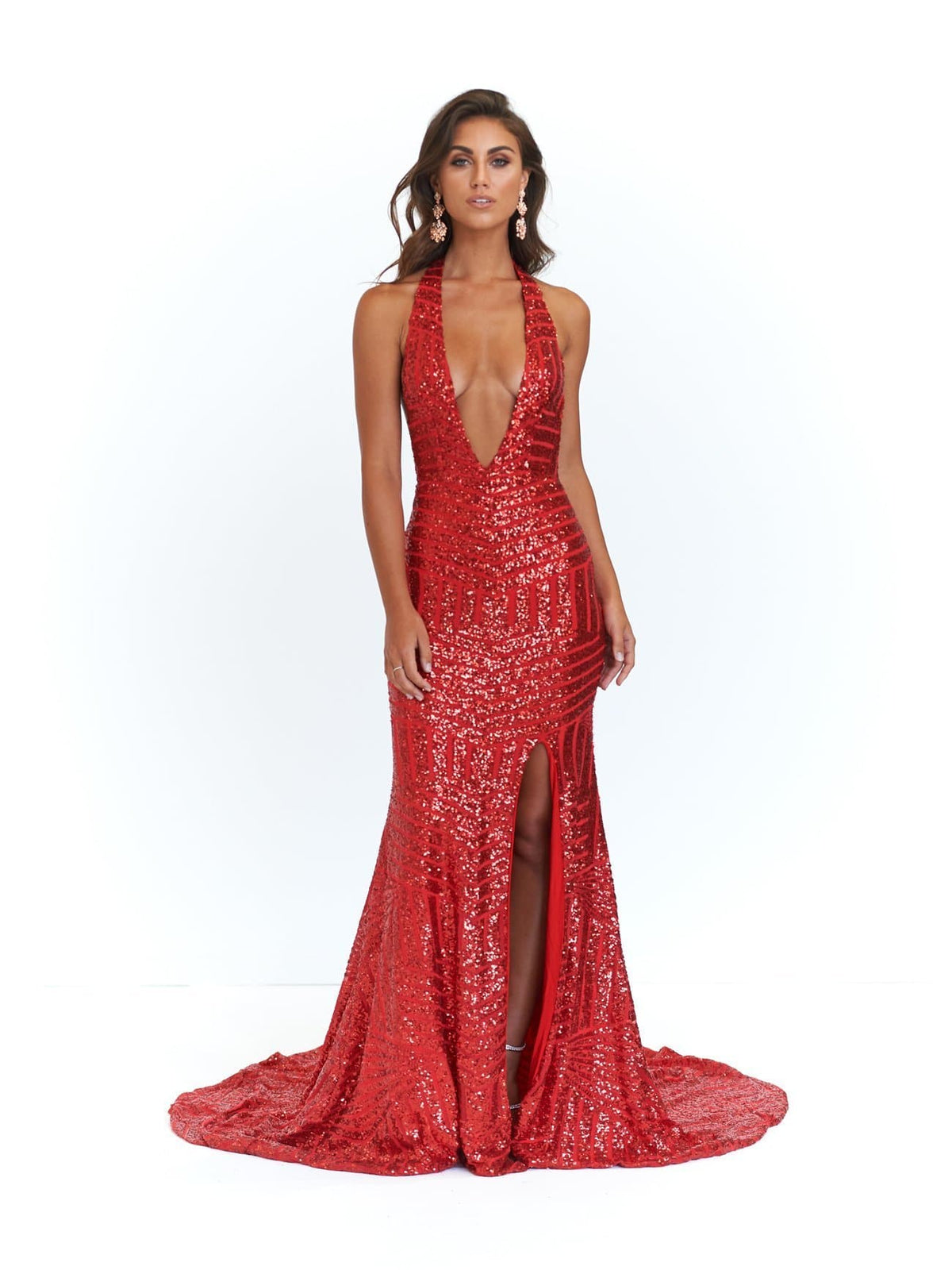 Cleopatra - Red Sequins Dress with V Neck and Low Back A&N Luxe Label Cleopatra - Red Sequins Dress with V Neck and Low Back A&N Luxe Label