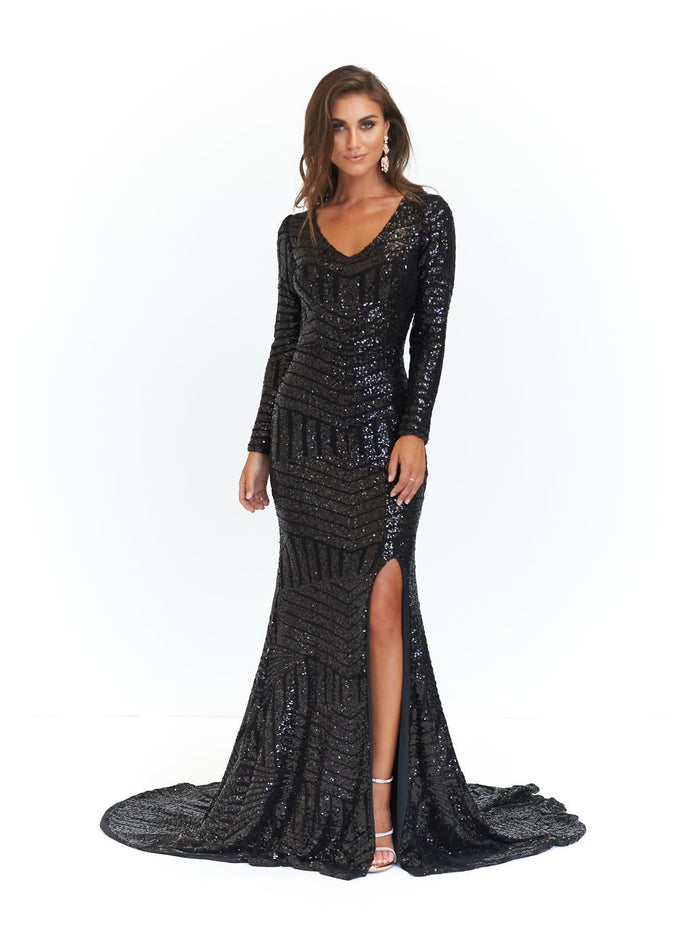 A&N Boutique Custom Kaya Sequin Gown - Black Kaya- Black Sequins Dress with Long Sleeve and Side Slit