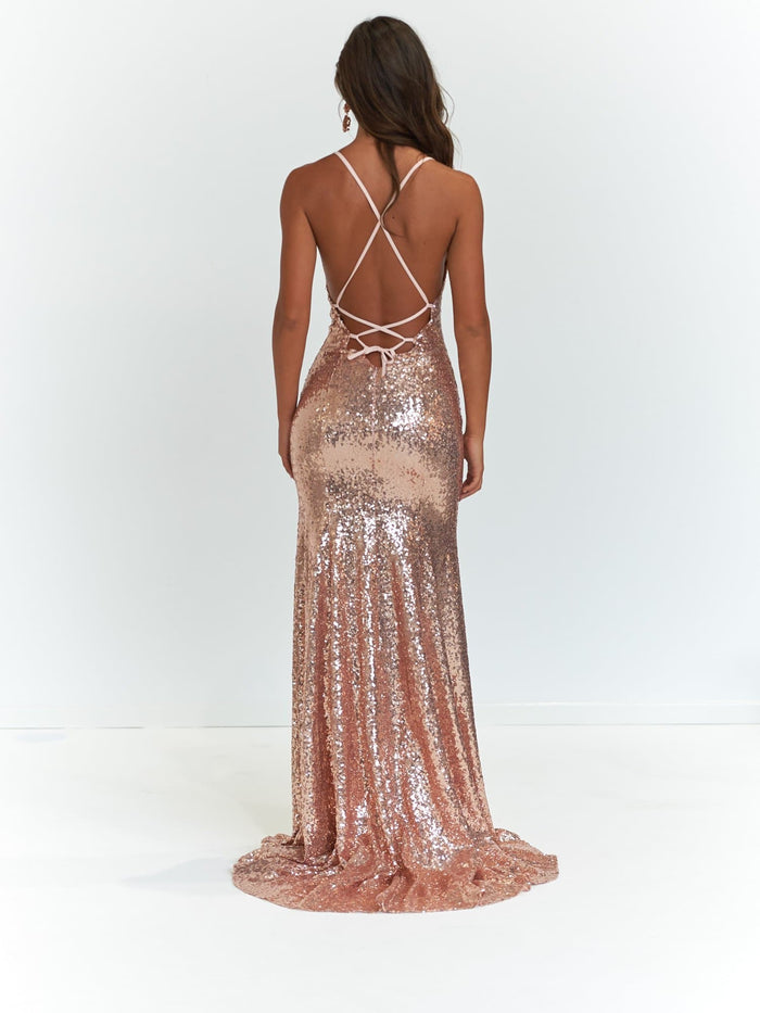 A&N Boutique Custom Kara Sequin Gown - Rose Gold Kara - Rose Gold Mermaid Fit Gown with Lace Up Back and Side Slit