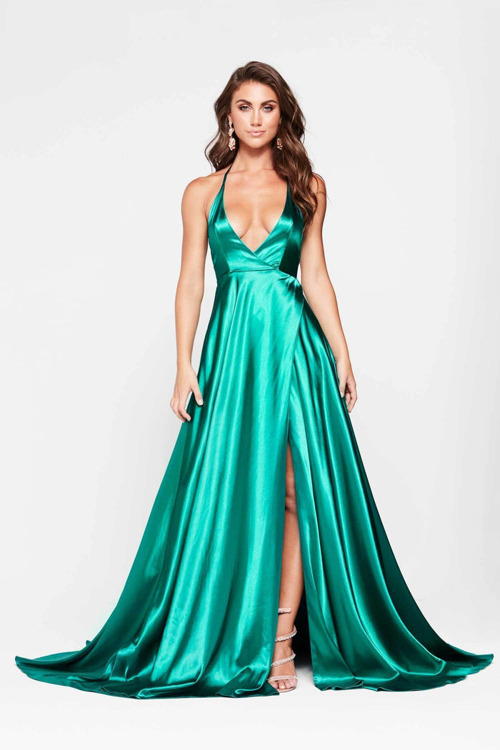 A&N Boutique Custom Amani Satin Gown - Turquoise Amani - Teal Satin Gown with Side Slit and Low Back