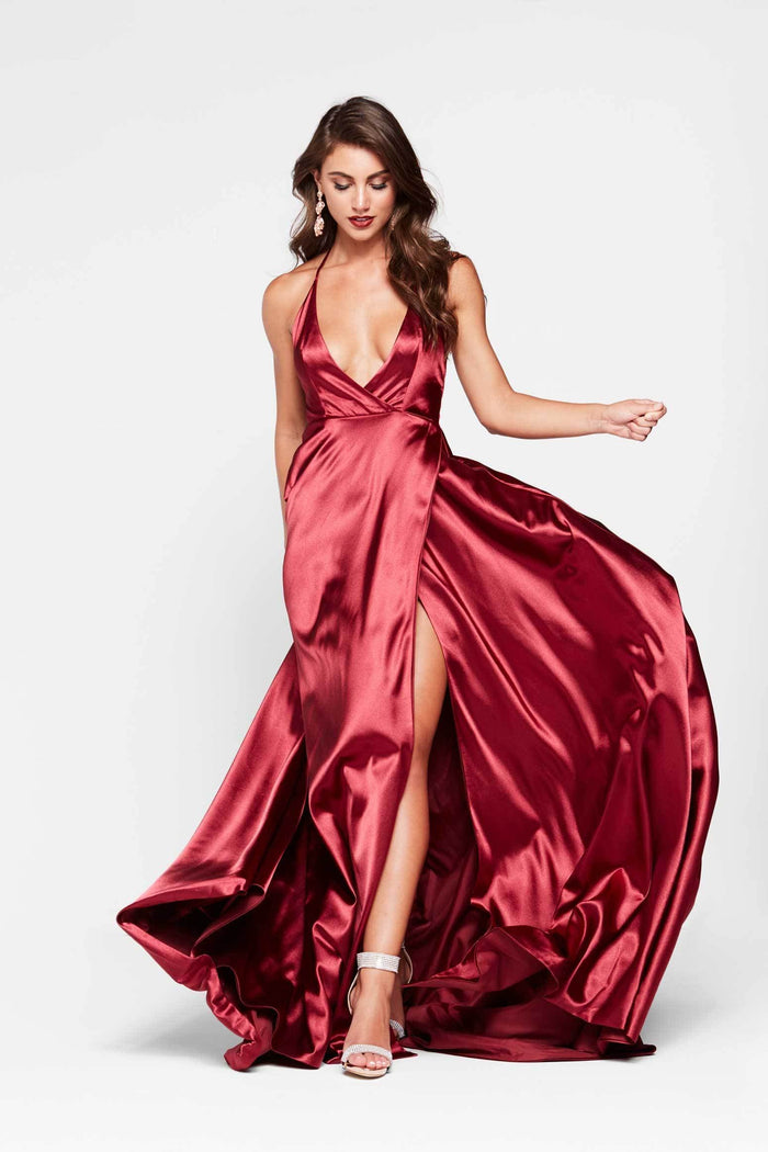 A&N Boutique Custom Amani Satin Gown - Burgundy Amani - Satin Dress with Side Split and Plunge Neck in Burgundy