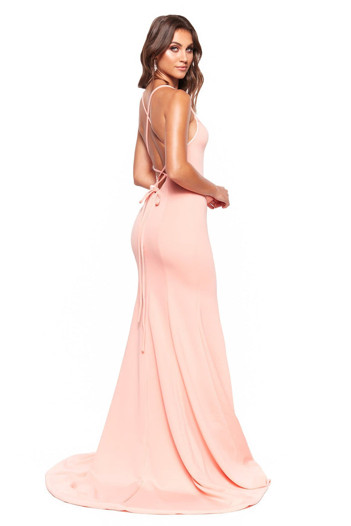 A&N Boutique Custom Emilie Ponti Gown - Peach Emilie - Peach Gown with V-Neck, Lace-Up Back & Side slit