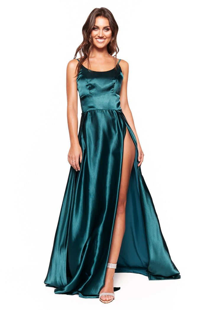 A&N Boutique Custom Vanessa Satin Gown - Emerald Vanessa - Emerald Satin Gown With Scoop Neck and Slit 
