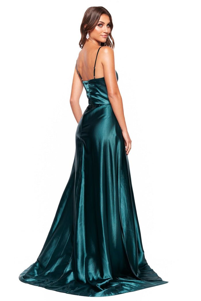 A&N Boutique Custom Vanessa Satin Gown - Emerald Vanessa - Emerald Satin Gown With Scoop Neck and Slit 