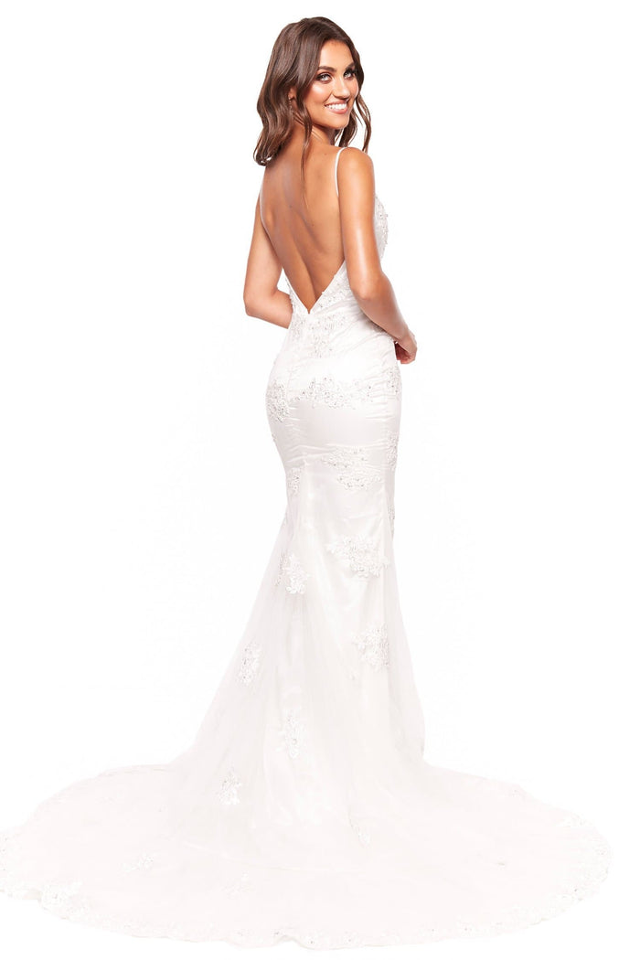 A&N Boutique Custom Cherie Beaded Gown - White Cherie - White Beaded Gown with Plunge Neck & Side Slit