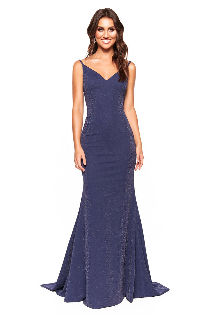 A&N Boutique Custom Pia Shimmering Gown - Navy Pia - Navy Shimmering Mermaid V-Neck Backless Gown 