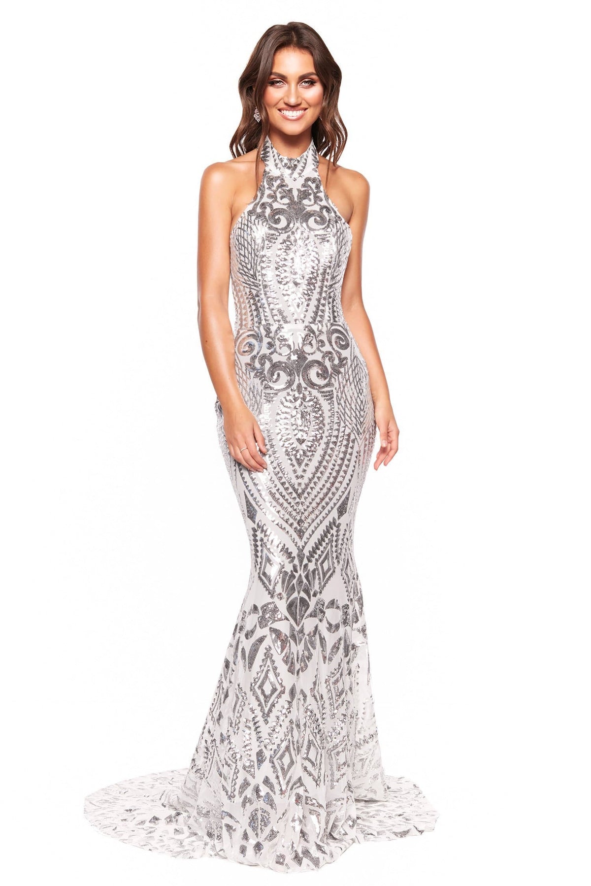 A&N Boutique Custom A&N Luxe Inaya Gown -  Silver A&N Luxe Inaya - Silver Halterneck Patterned Sequin Gown with Low Back