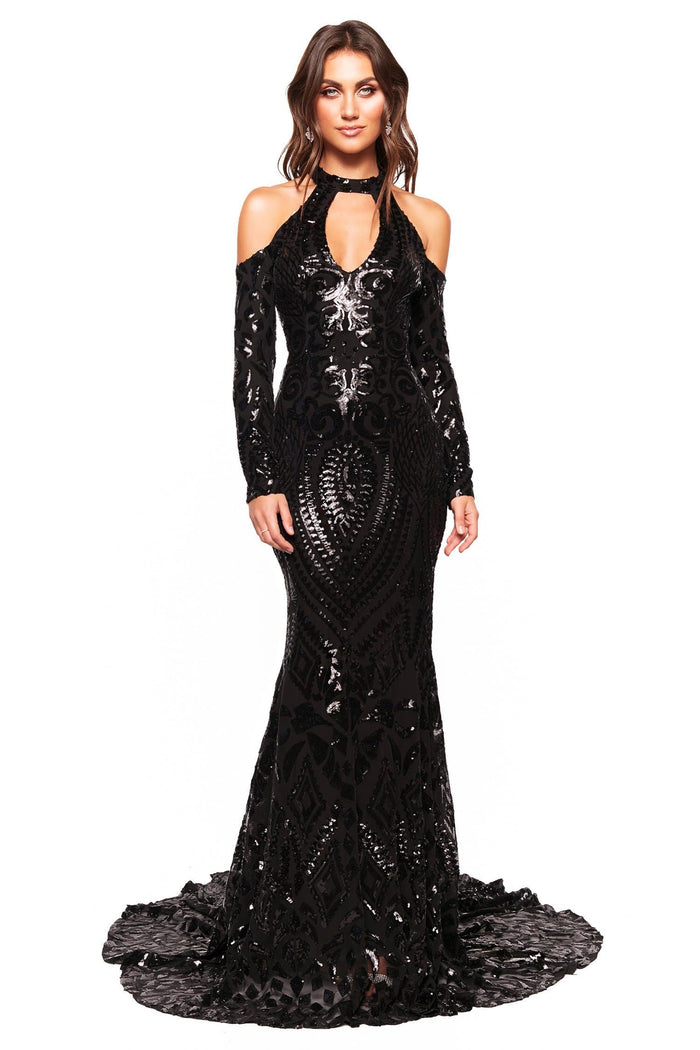 A&N Luxe Label Custom Sierra Gown - Black Sierra - Black Patterned Sequin Gown with Cut Outs