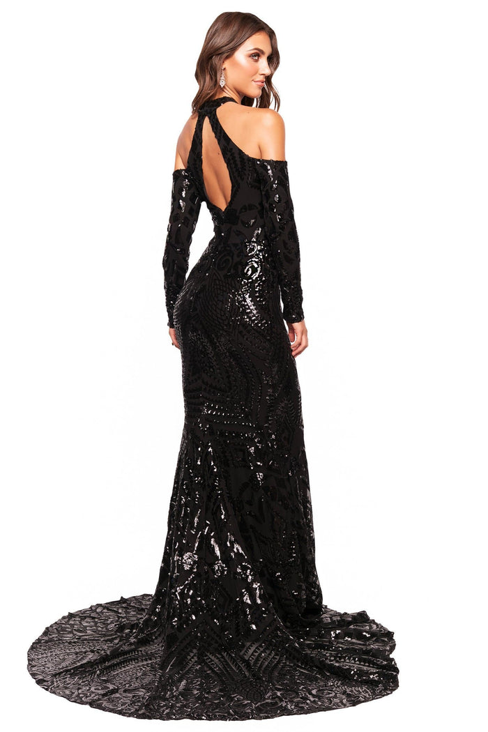 A&N Luxe Label Custom Sierra Gown - Black Sierra - Black Patterned Sequin Gown with Cut Outs