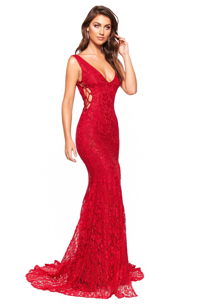 A&N Boutique Custom Lorena Shimmering Lace Gown - Deep Red Lorena - Red Shimmering Low Back Lace Gown with Criss-Cross Side 
