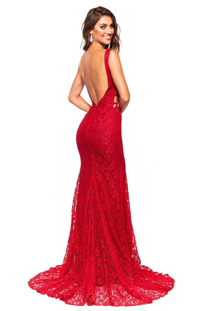 A&N Boutique Custom Lorena Shimmering Lace Gown - Deep Red Lorena - Red Shimmering Low Back Lace Gown with Criss-Cross Side 