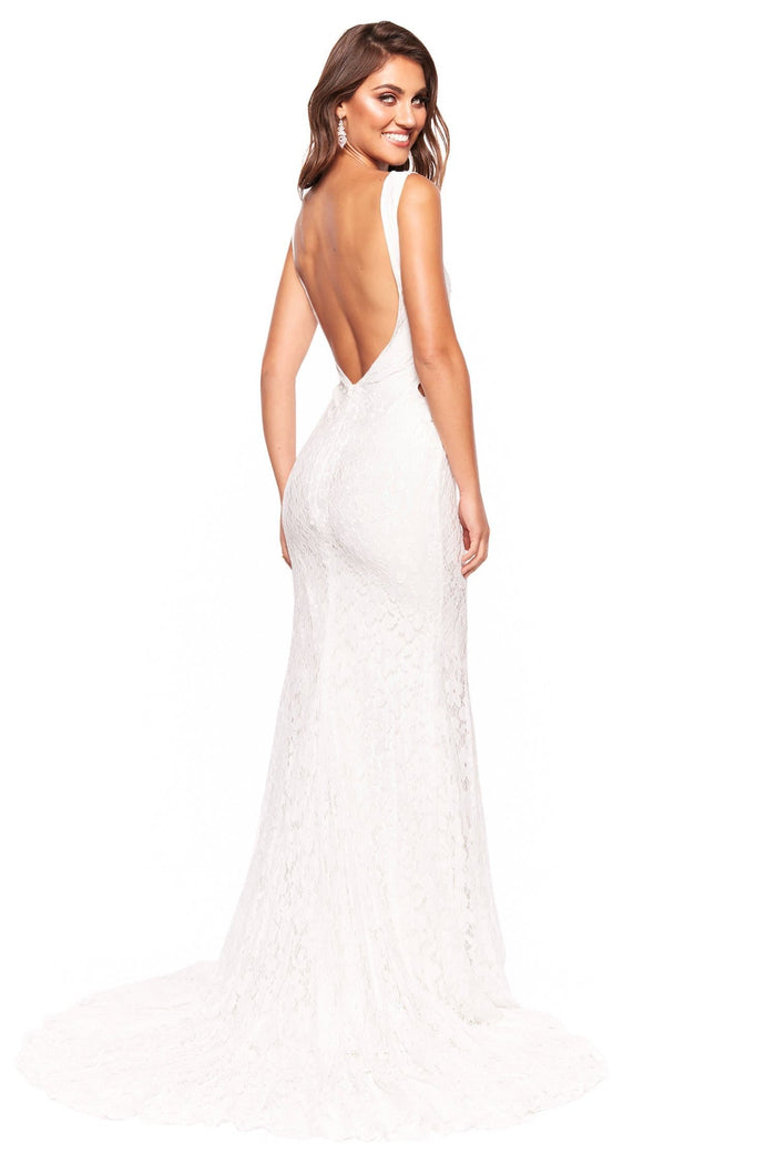 A&N Boutique Custom Lorena Shimmering Lace Gown - White Lorena - White Shimmering Low Back Lace Gown with Criss-Cross Side 