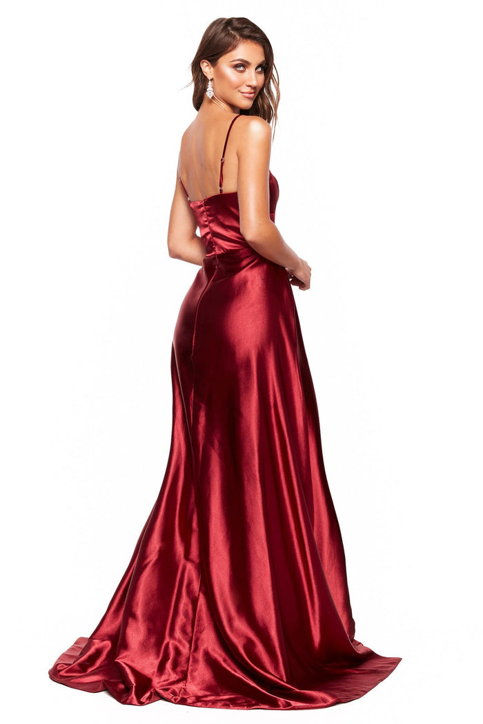 A&N Boutique Custom Vanessa Satin Gown - Burgundy Vanessa - Burgundy Satin Gown With Scoop Neck and Slit 