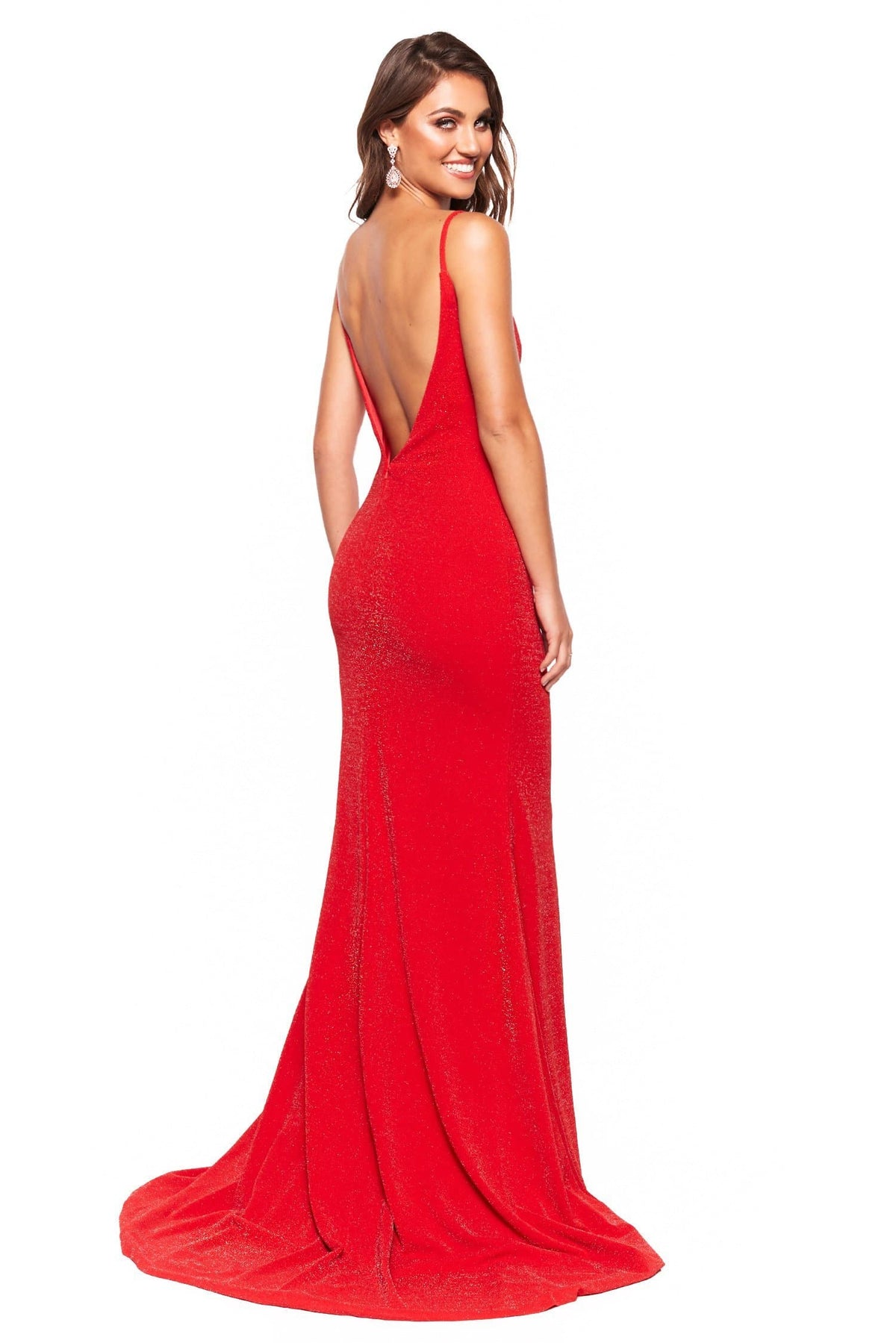 A&N Luxe Pia - Red Shimmering Mermaid V-Neck Backless Gown 