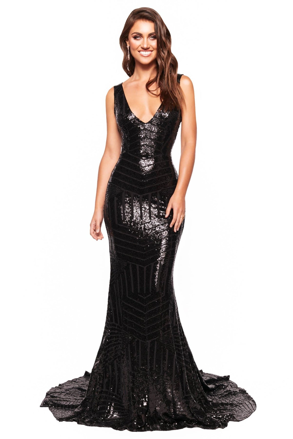 Serena - Black Sequin Mermaid Gown with Plunge Neck & Low Back A&N Luxe Label Serena - Black Sequin Mermaid Gown with Plunge Neck & Low Back A&N Luxe Label
