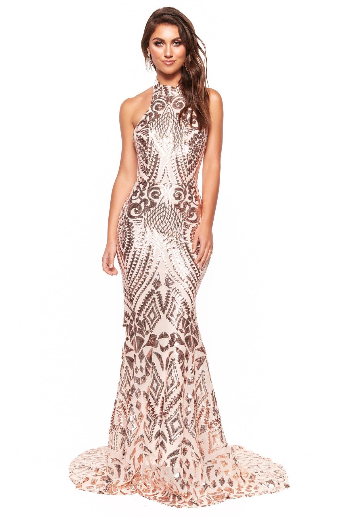 A&N Boutique Custom A&N Luxe Inaya Gown - Rose Gold A&N Luxe Inaya - Rose Gold Halter Patterned Sequin Gown with Low Back