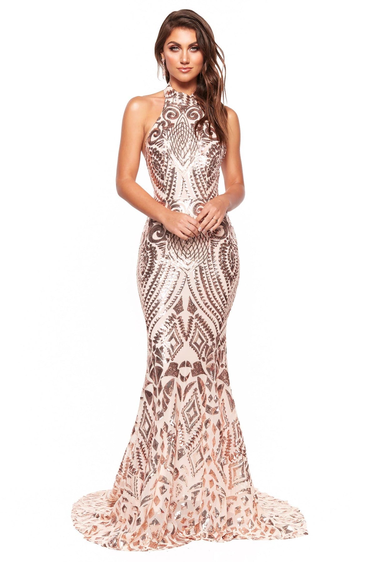 A&N Boutique Custom A&N Luxe Inaya Gown - Rose Gold A&N Luxe Inaya - Rose Gold Halter Patterned Sequin Gown with Low Back