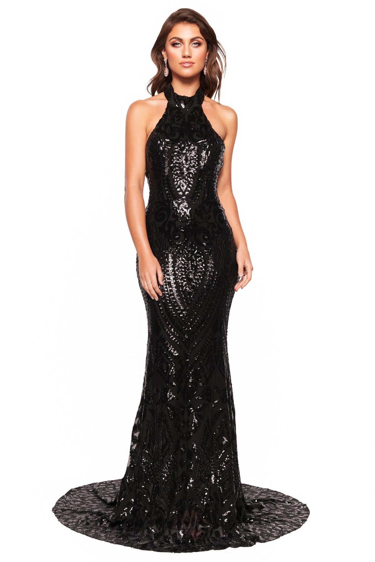 A&N In Stock Sale M A&N Luxe Inaya Gown - Black A&N Luxe Inaya - Black Halterneck Patterned Sequin Gown with Low Back