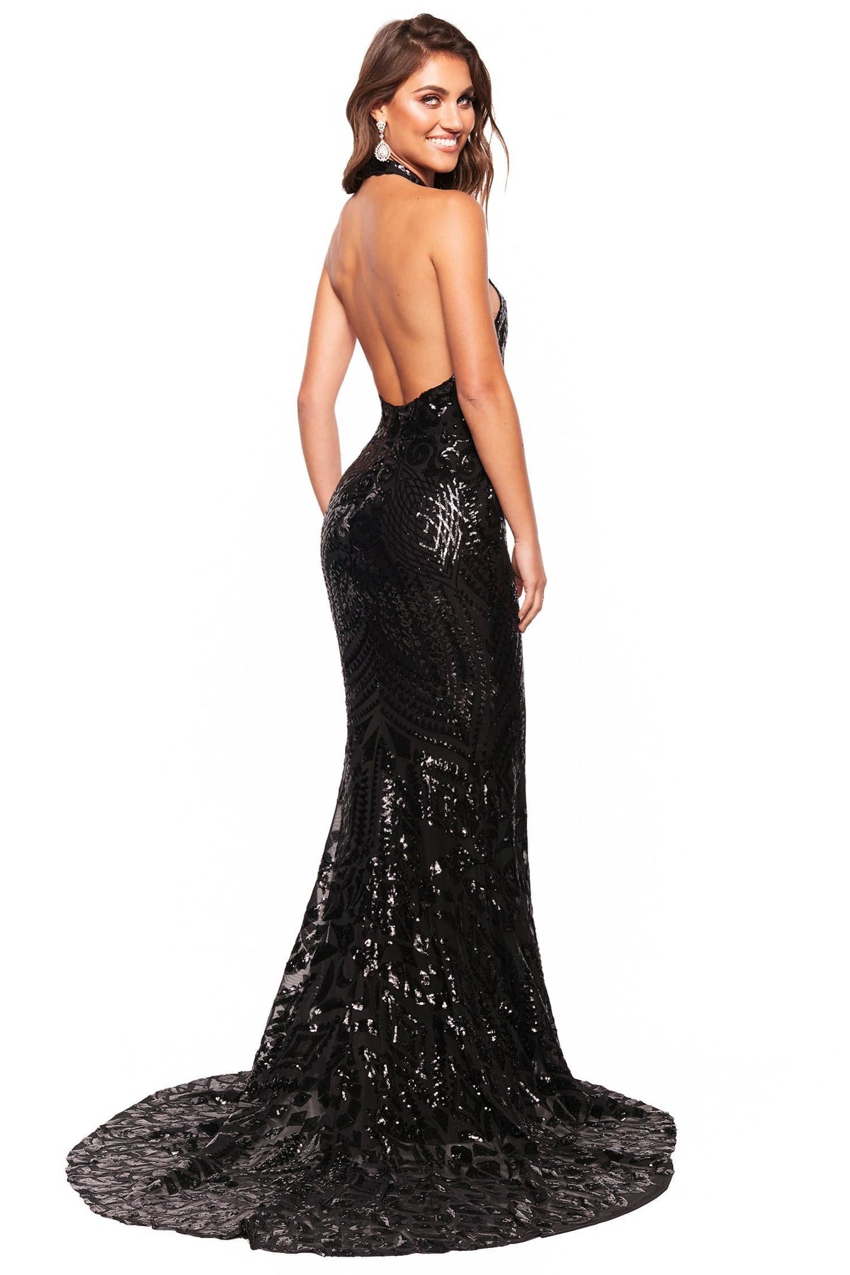 A&N In Stock Sale M A&N Luxe Inaya Gown - Black A&N Luxe Inaya - Black Halterneck Patterned Sequin Gown with Low Back