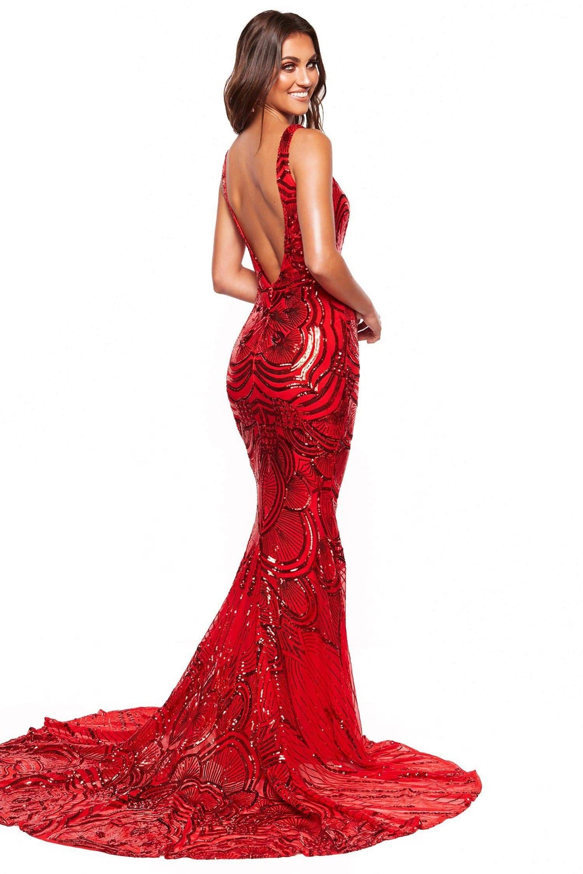 A&N Luxe Kimora - Red Sequin Mermaid Gown with V-neck & Low Back