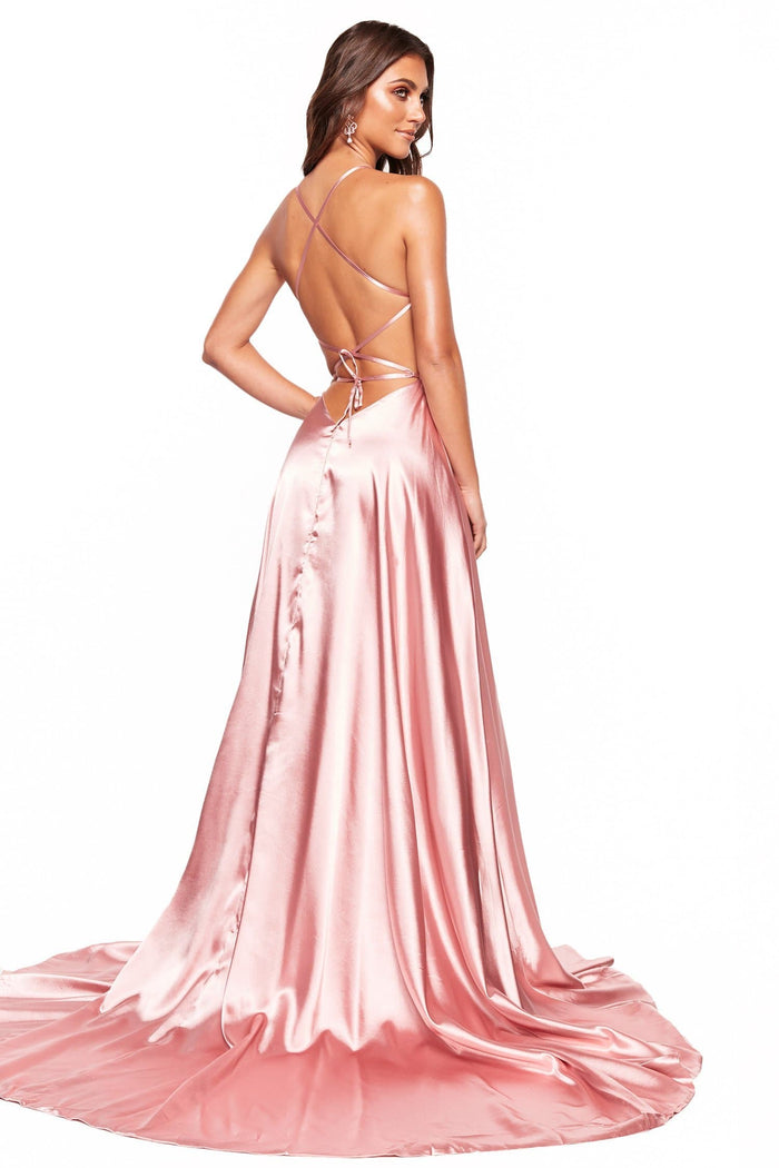 A&N Boutique Custom Romina Satin Gown - Pink Romina - Pink Satin Gown with High Neckline and Side Slit