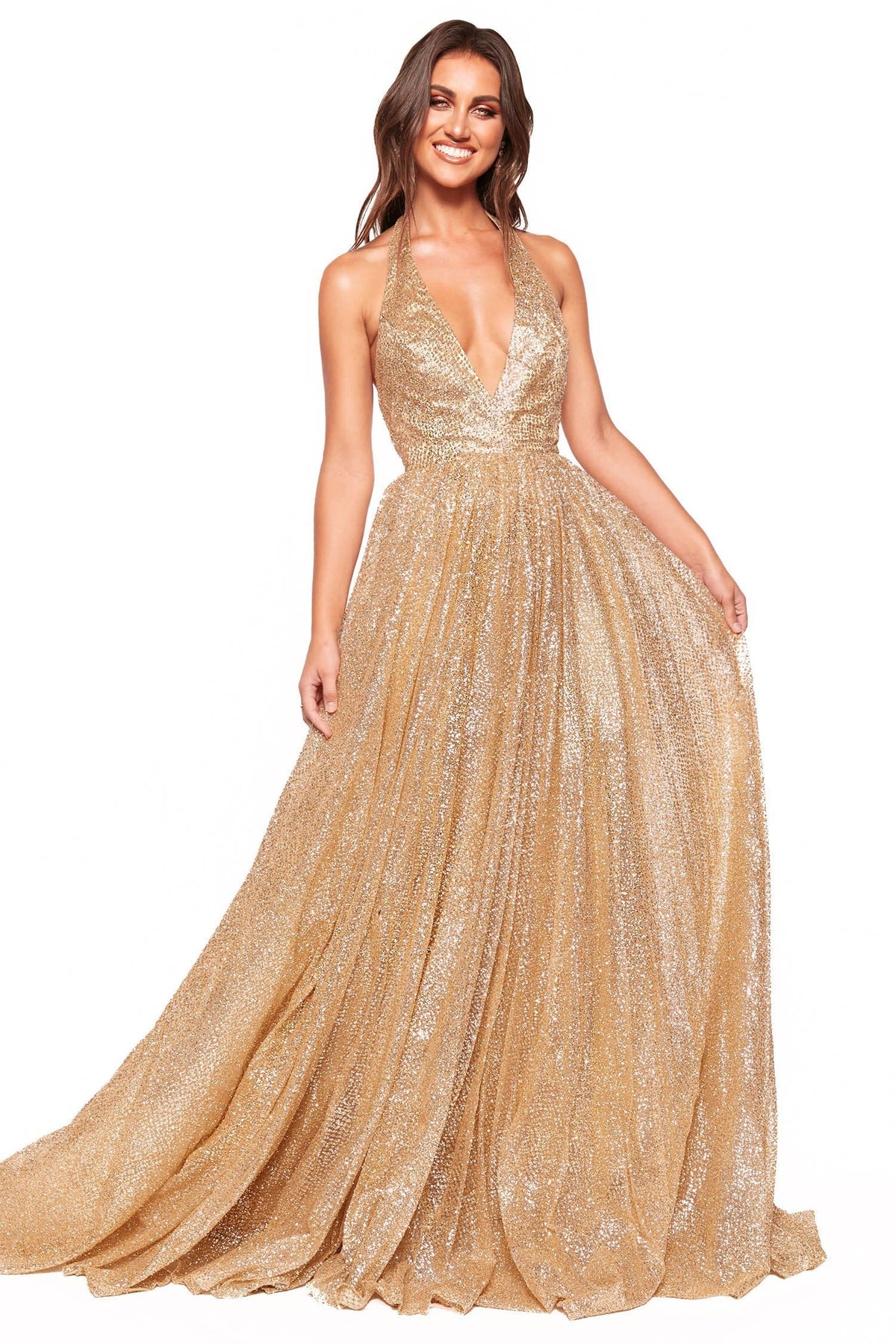 Saina - Gold Glitter A-Line Gown with Plunge Neck & Low Back A&N Luxe Label Saina - Gold Glitter A-Line Gown with Plunge Neck & Low Back A&N Luxe Label