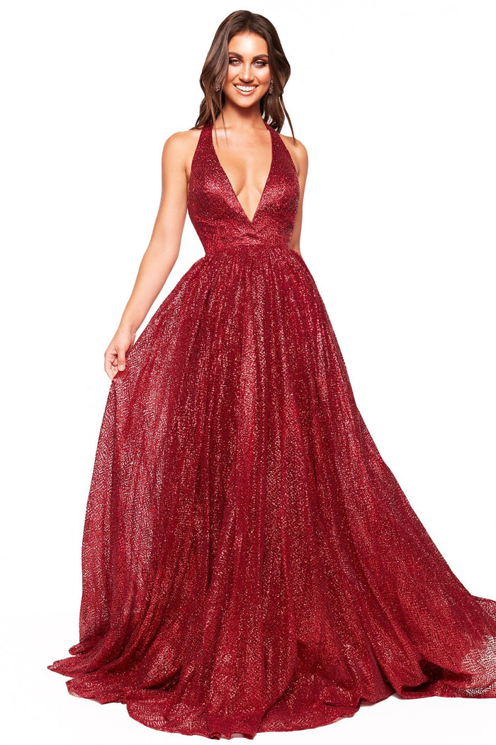 A&N Luxe Saina - Burgundy Glitter A-Line Gown with Low Back