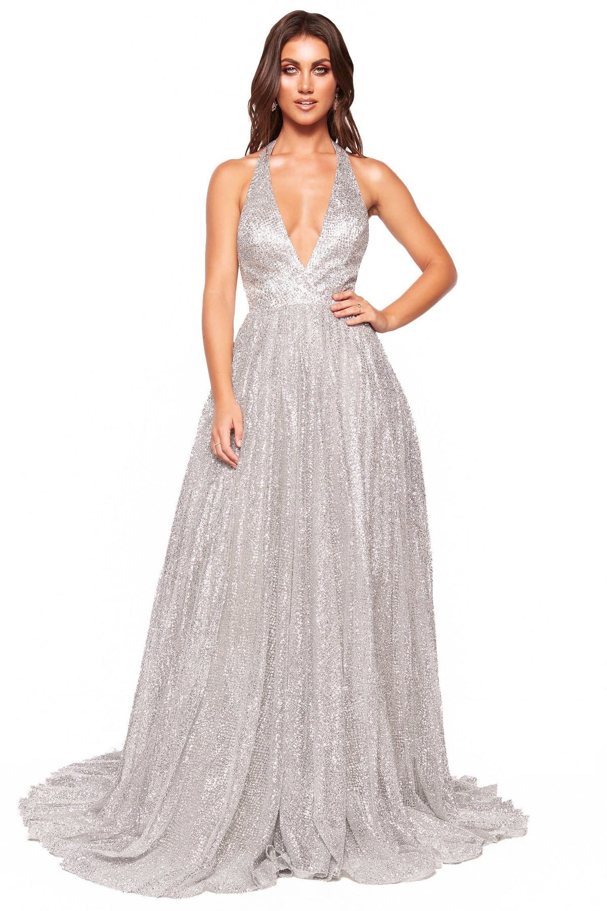 Saina - Silver Glitter A-Line Gown with Low Back XXS Saina - Silver Glitter A-Line Gown with Low Back XXS