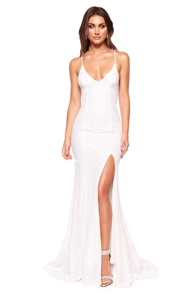 A&N Luxe Kara - White Sequin Mermaid Gown with Lace-Up Back & Slit