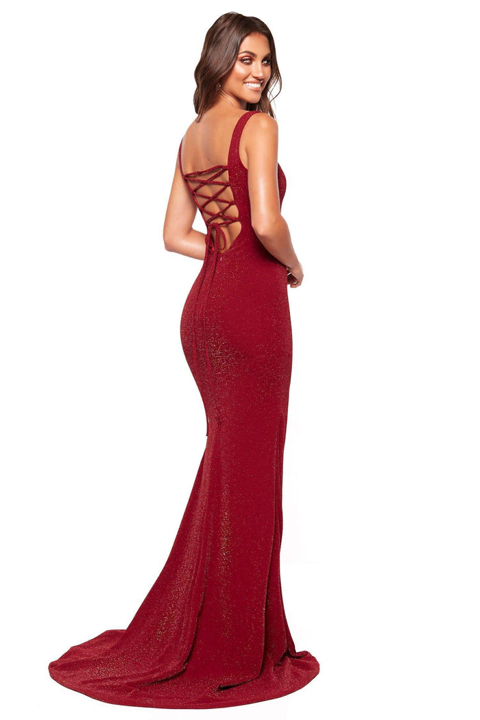 A&N Boutique Custom Faria Shimmering Gown - Burgundy Faria - Burgundy Shimmering Gown with Lace-Up Back & Slit