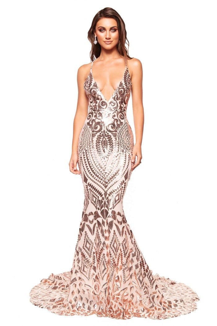 A&N Boutique Custom Kalila Sequin Gown - Rose Gold Kalila - Rose Gold Patterned Sequin Gown with Criss-Cross Back